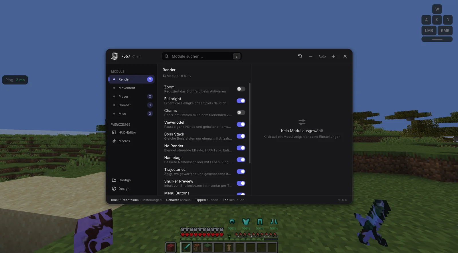 Das Ingame-Menü des 7557 Clients mit Modulliste, Suche und Schaltern